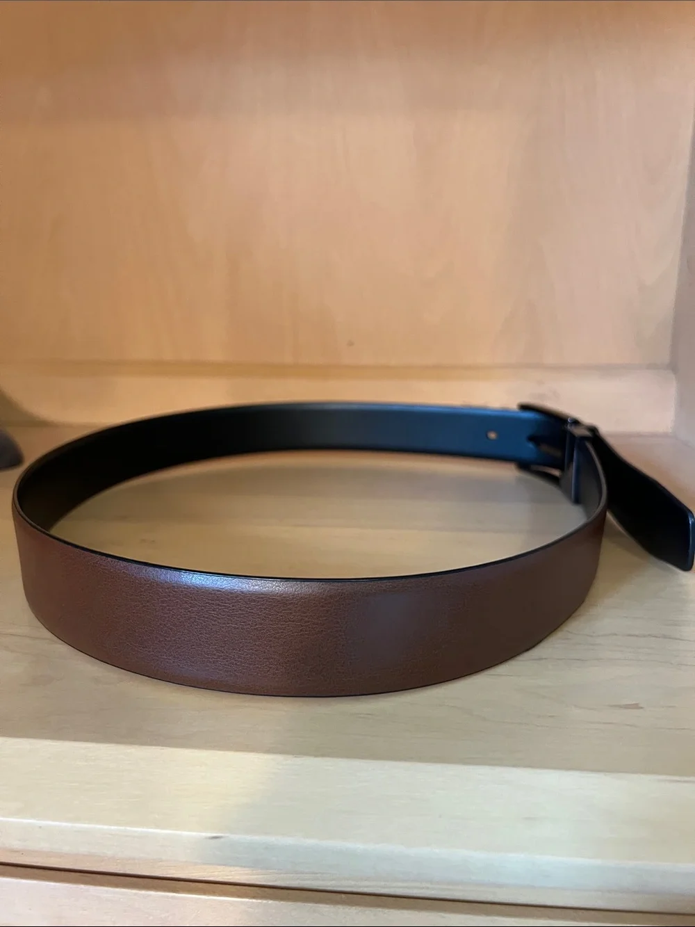 Reversible Black/Brown Leather Dress Belt with Textured Buckle